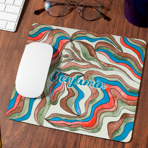 Retro Groovy Blue Red Green Wavy Script Name Mouse Pad