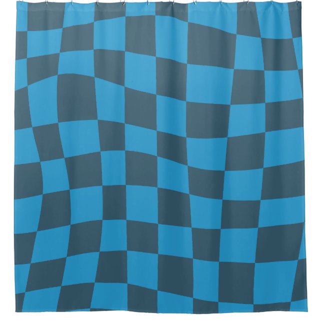Retro Groovy Blue wavy checkered Pattern Shower Curtain (Front)
