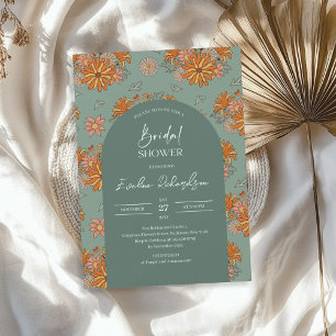 Retro groovy boho arch dusty green orange yellow invitation