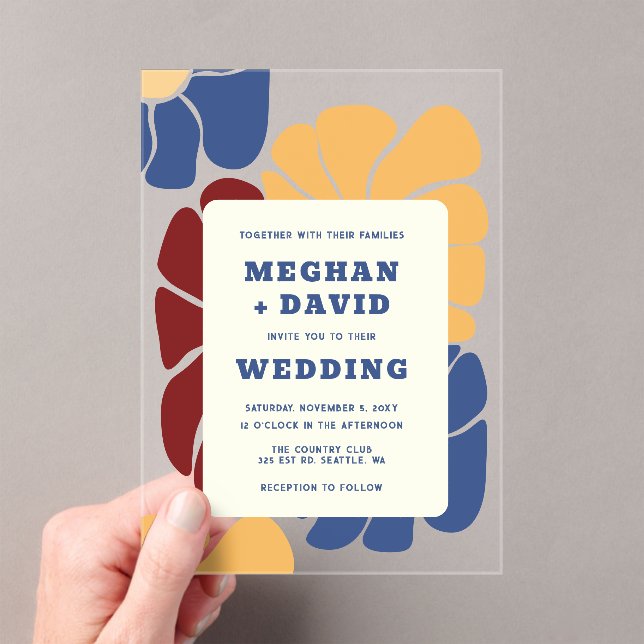 Retro Groovy Boho Chic Floral Wedding Acrylic Invitations (Insitu (Handheld))
