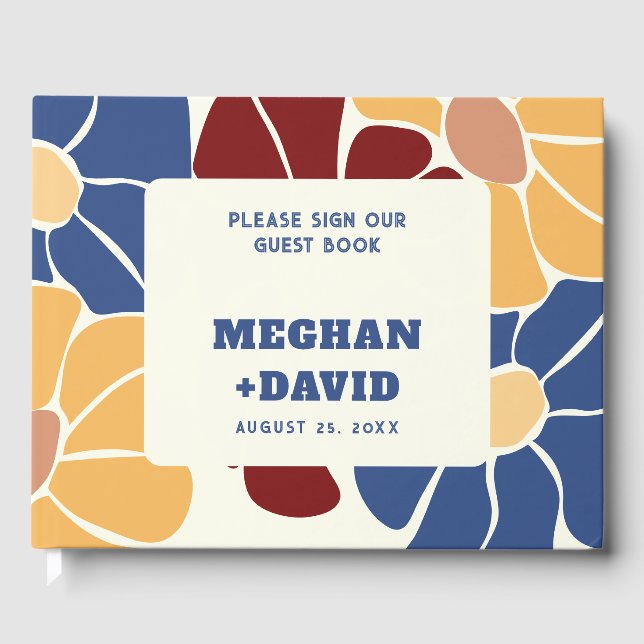 Retro Groovy Boho Chic Floral Wedding Guest Book (Front)