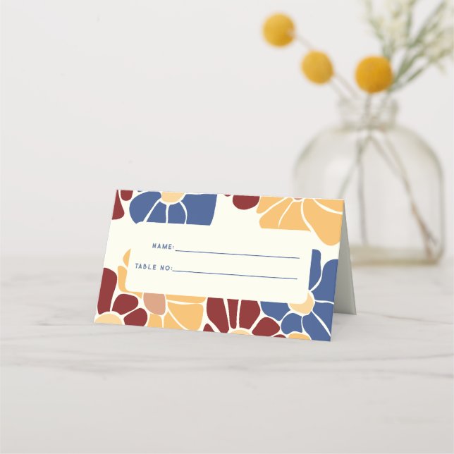 Retro Groovy Boho Chic Floral Wedding Place Card (Front)