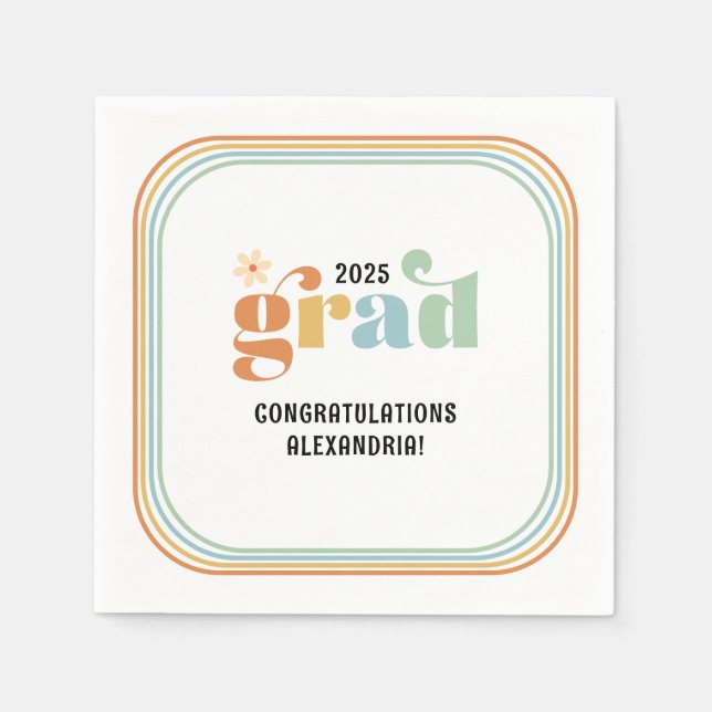Retro Groovy Boho Daisy 2025 Grad Party Napkin (Front)