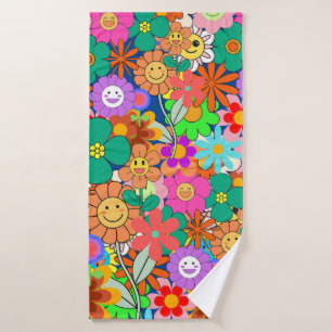 Retro Groovy Boho Hippie Flowers Bath Towel