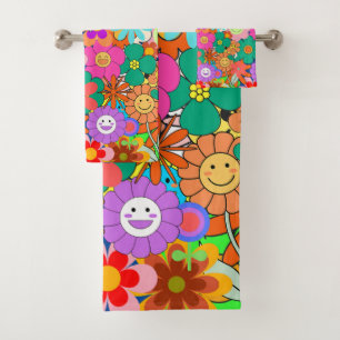 Retro Groovy Boho Hippie Flowers Bath Towel Set