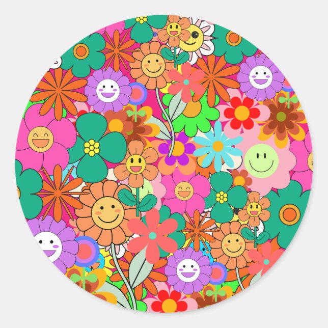 Retro Groovy Boho Hippie Flowers Classic Round Sticker (Front)
