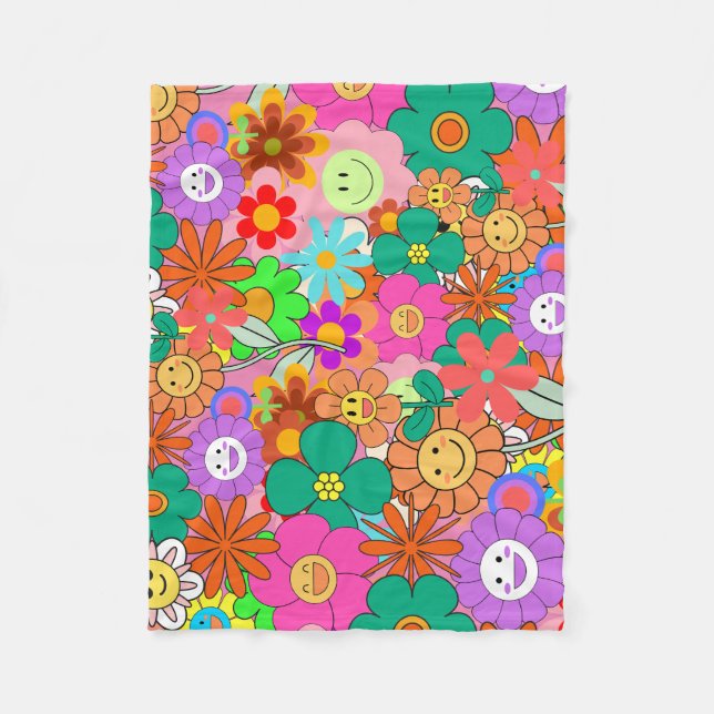 Retro Groovy Boho Hippie Flowers  Fleece Blanket (Front)
