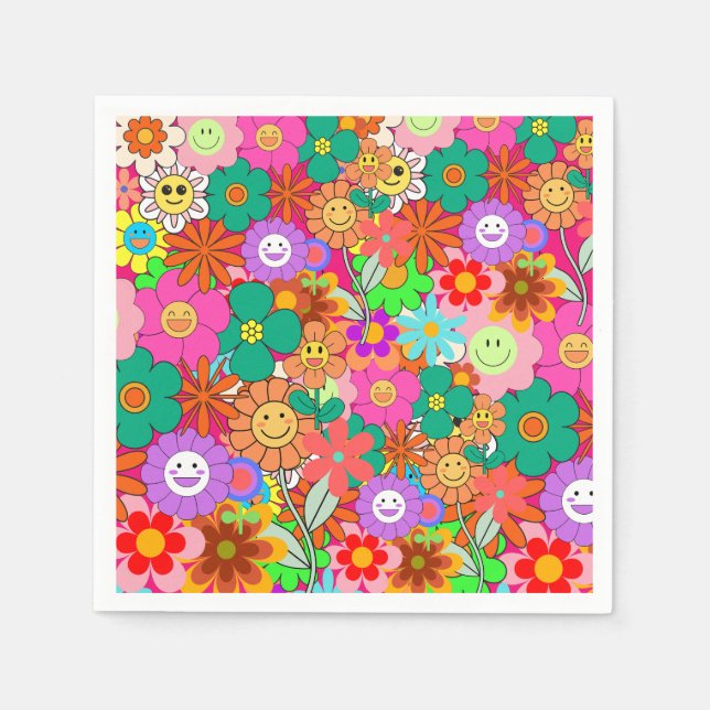 Retro Groovy Boho Hippie Flowers Napkin (Front)
