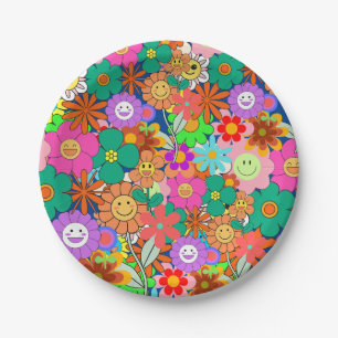 Retro Groovy Boho Hippie Flowers  Paper Plate