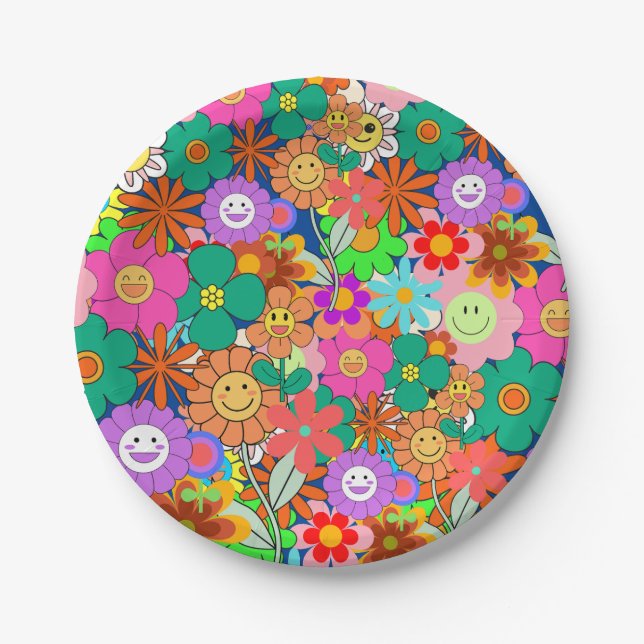 Retro Groovy Boho Hippie Flowers  Paper Plate (Front)