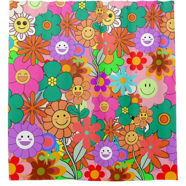 Retro Groovy Boho Hippie Flowers  Shower Curtain (Front)
