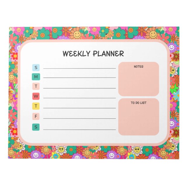 Retro Groovy Boho Hippie Flowers Weekly Planner Notepad (Front)