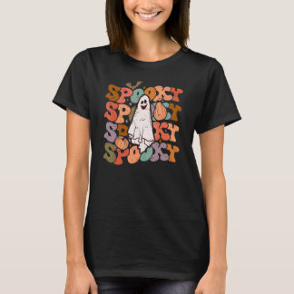 Retro Groovy Boho Spooky Vibes Ghost Daisy Pumpkin T-Shirt