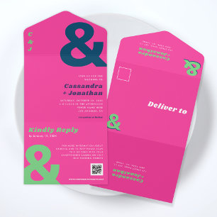 Retro Groovy Bold Bright Ampersand QR Code Wedding All In One Invitation