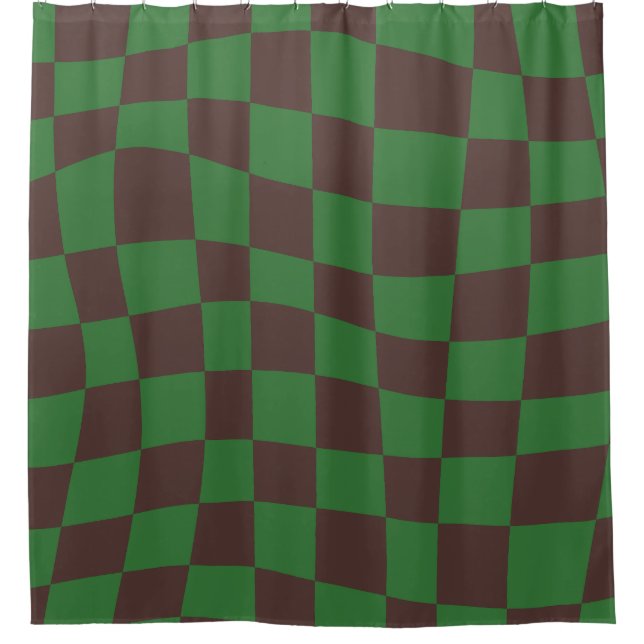 Retro Groovy Brown wavy checkered Pattern Shower Curtain (Front)