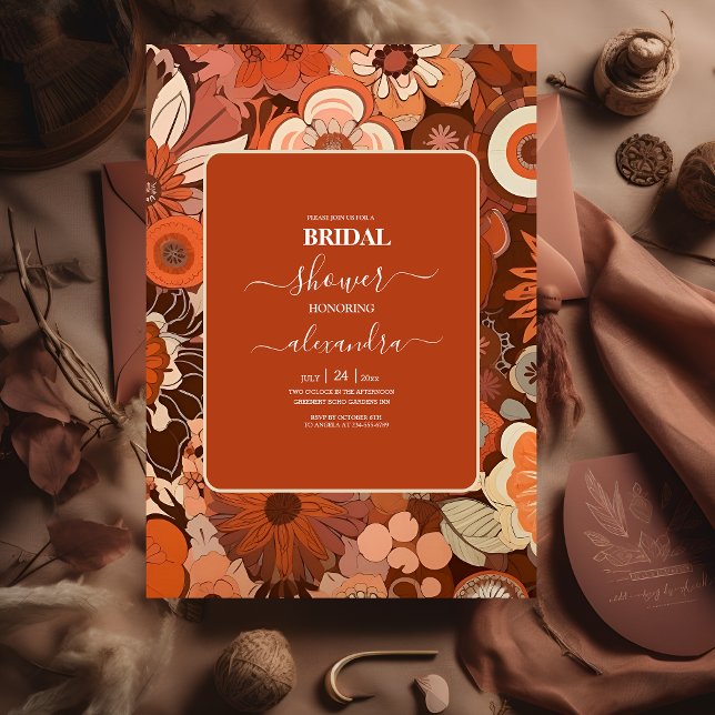 Retro Groovy burn orange floral wedding Invitation (Creator Uploaded)