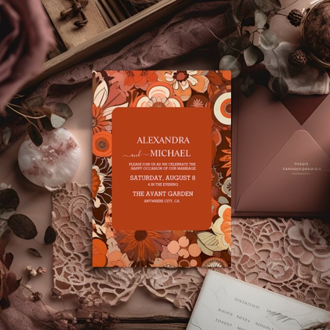 Retro Groovy burn orange floral wedding Invitation (Creator Uploaded)