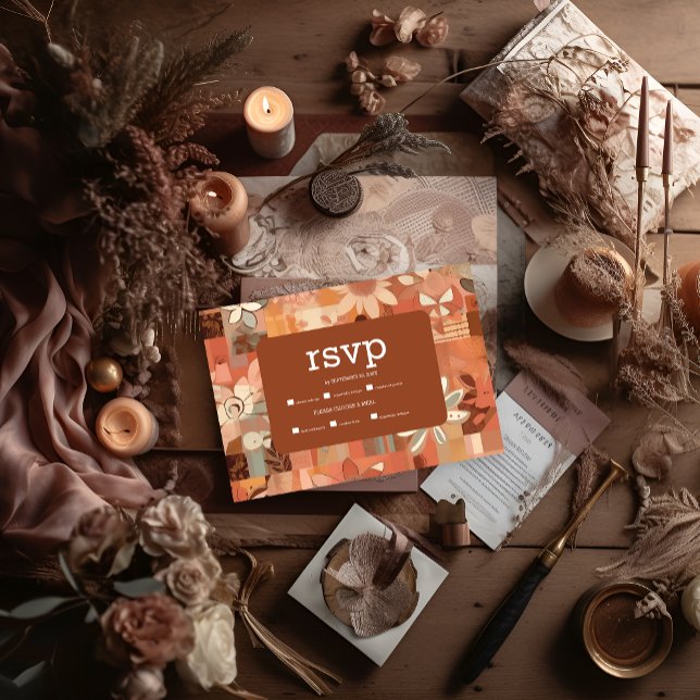 Retro Groovy burn orange floral wedding RSVP Card (Creator Uploaded)