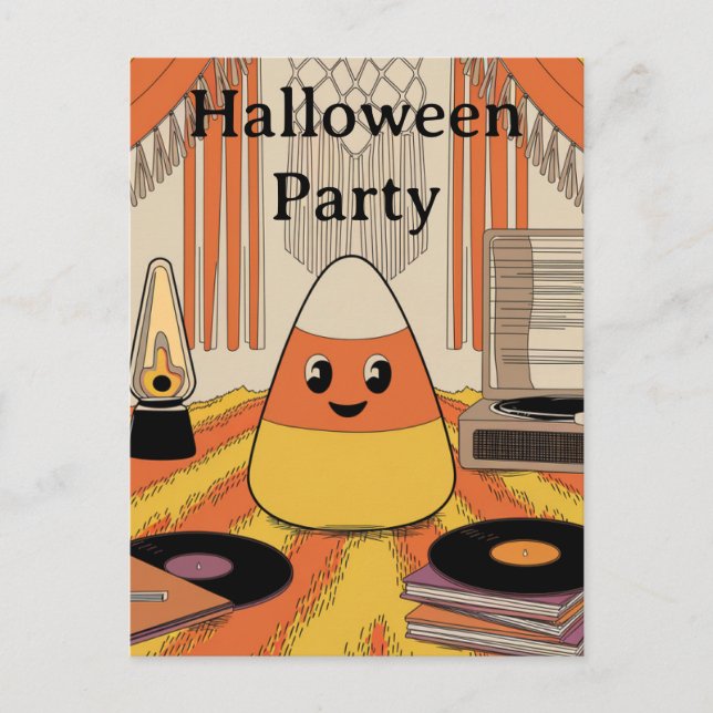 Retro,Groovy Candy Corn Halloween Party Invitation Postcard (Front)