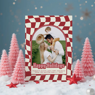 Retro Groovy Checkered Happy Holidays Photo Holiday Postcard