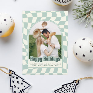 Retro Groovy Chequered Happy Holidays Photo Holiday Card