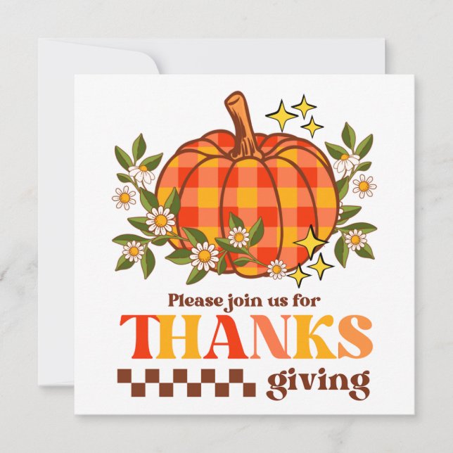 Retro Groovy Chequered Pumpkin Daisy Thanksgiving Invitation (Front)