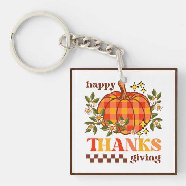 Retro Groovy Chequered Pumpkin Daisy Thanksgiving Key Ring (Front)