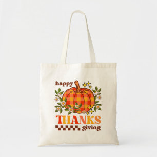 Retro Groovy Chequered Pumpkin Daisy Thanksgiving Tote Bag