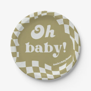 Retro Groovy Chequered Sage Green Oh Baby Paper Plate