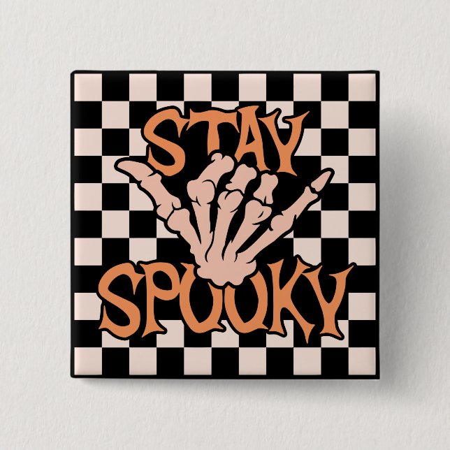 Retro Groovy Chequered Stay Spooky Halloween 15 Cm Square Badge (Front)