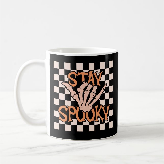 Retro Groovy Chequered Stay Spooky Halloween Coffee Mug (Left)