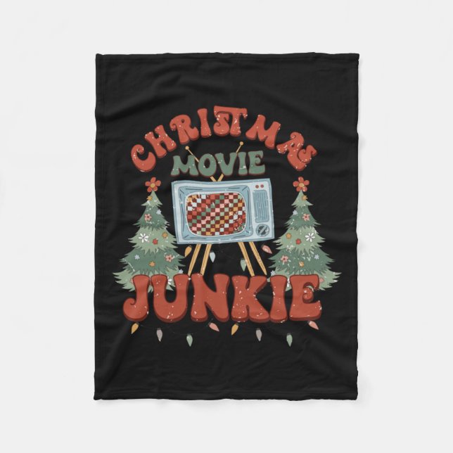 Retro Groovy Christmas Movie Junkie Merry Xmas Tre Fleece Blanket (Front)