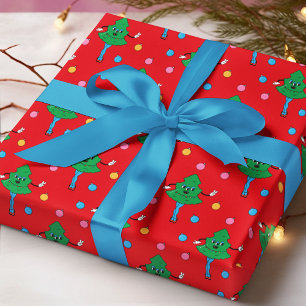 Retro Groovy Christmas Trees Red Green Pattern Wrapping Paper