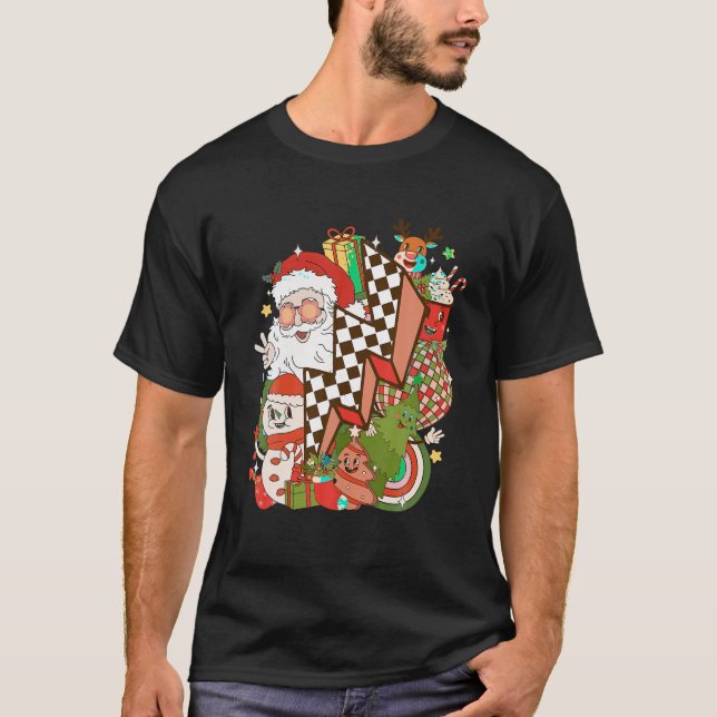 Retro Groovy Christmas Vibes Smile Face Santa Clau T-Shirt (Front)