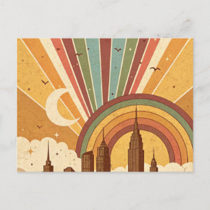 Retro Groovy City Skyline New Year Poster Postcard