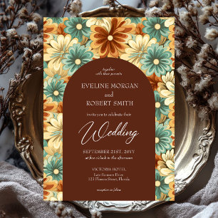 Retro groovy colorful flowers arch wedding invitation
