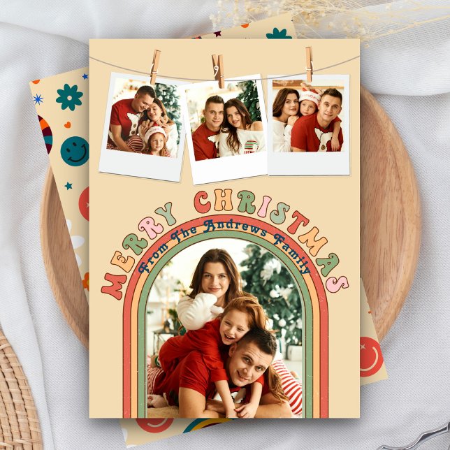 Retro Groovy Colourful 4 Photo Beige Christmas Holiday Card (Creator Uploaded)