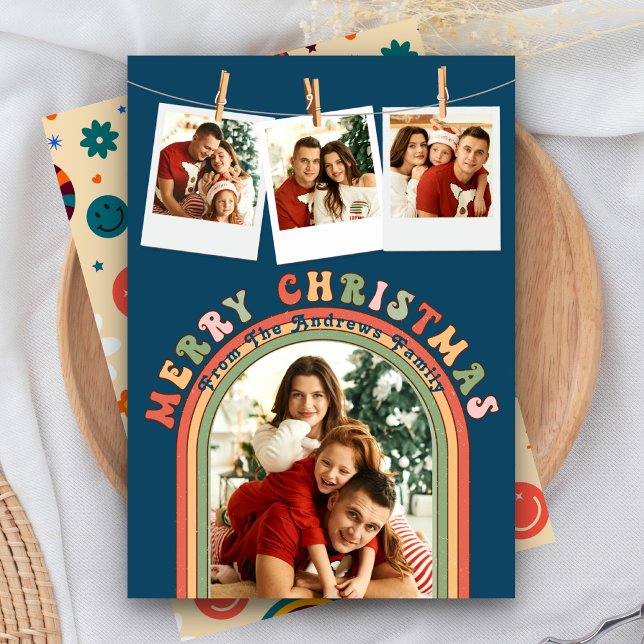 Retro Groovy Colourful 4 Photo Blue Christmas Holiday Card (Creator Uploaded)