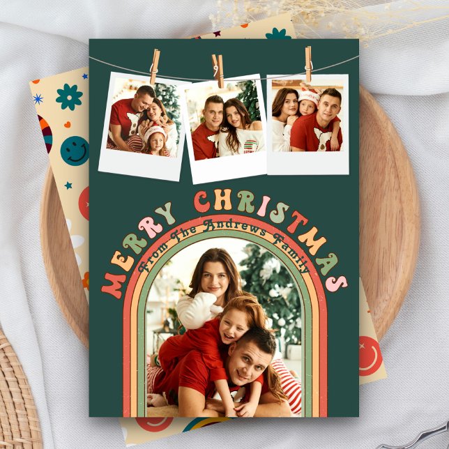 Retro Groovy Colourful 4 Photo Green Christmas Holiday Card (Creator Uploaded)