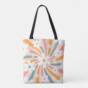Retro Groovy Colourful Sunshine Daisy Floral Hippi Tote Bag