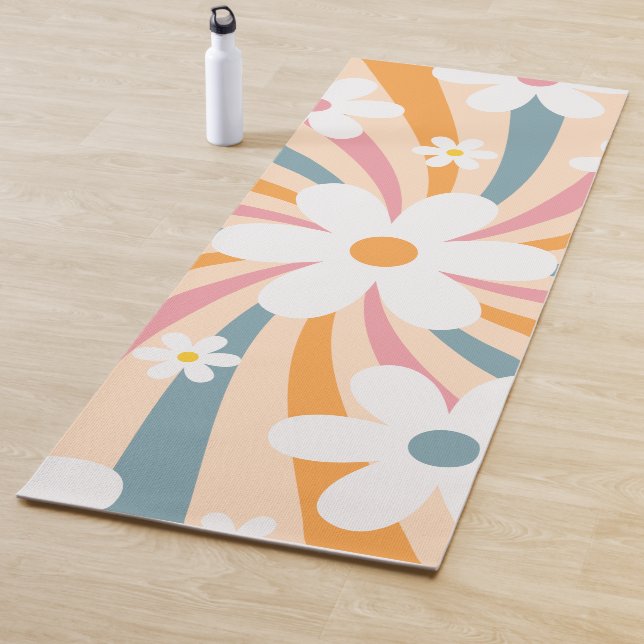 Retro Groovy Colourful Sunshine Daisy Floral Hippi Yoga Mat (In Situ)