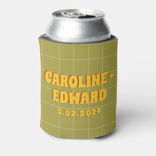 Retro Groovy Colourful Wavy Boho Wedding Can Cooler (Can Back)
