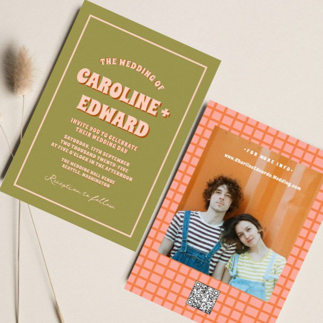 Retro Groovy Colourful Wavy Boho Wedding Qr Code Invitation (Creator Uploaded)