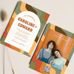 Retro Groovy Colourful Wavy Boho Wedding Qr Code Invitation
