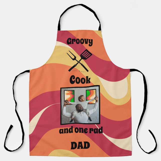 Retro "Groovy Cook One Rad Dad" Pattern and Photo Apron (Front)