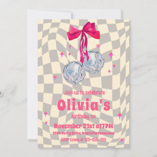 Retro Groovy Coquette Bow Disco Balls Birthday Invitation