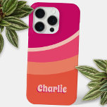 Retro Groovy Curve Pink Orange Personalised iPhone 15 Pro Case<br><div class="desc">Abstract modern groovy curved stripe design in shades of pink and orange with personalised name in a retro font. The custom name features a drop shadow in a contrasting colour for a fun 1970s 3D effect.</div>