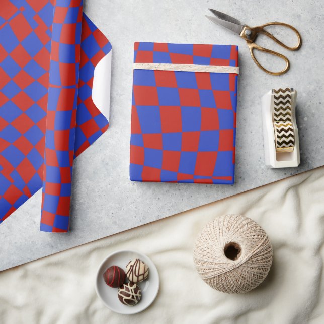 retro groovy cute blue red wavy checkered  wrapping paper (Crafts)