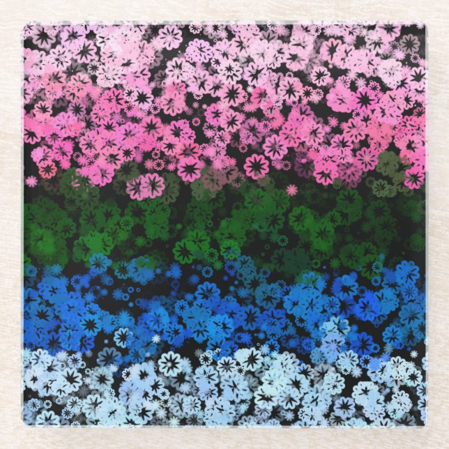 Retro Groovy Cute Floral Omniromantic Pride Flag Glass Coaster (Front)