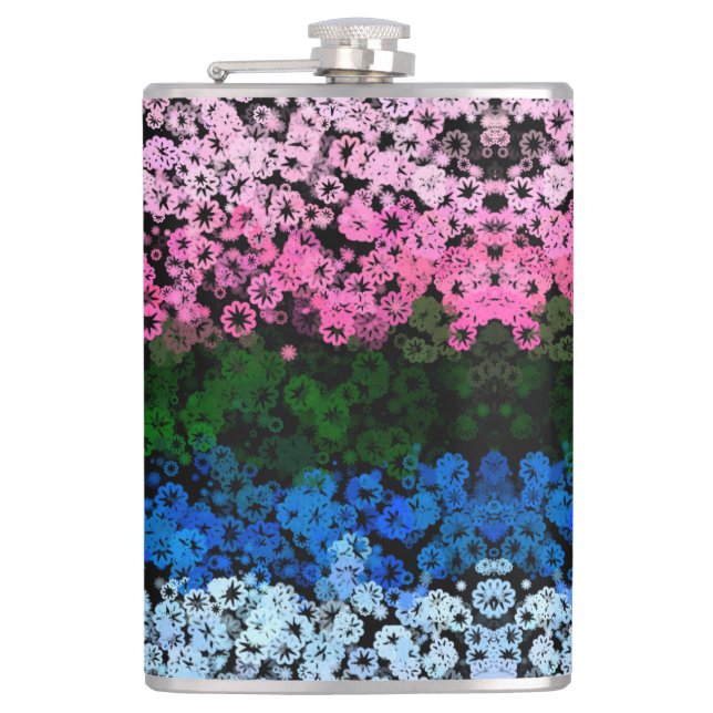 Retro Groovy Cute Floral Omniromantic Pride Flag Hip Flask (Front)